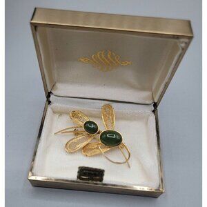 Vintage 12kgp Jade Leaf Brooch Pin Double Jade Filigree Leaves Original Box